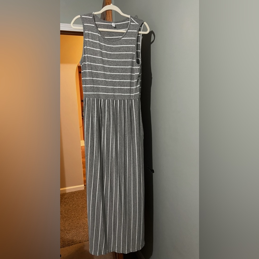 Gray Striped Sleeveless Maxi Dress